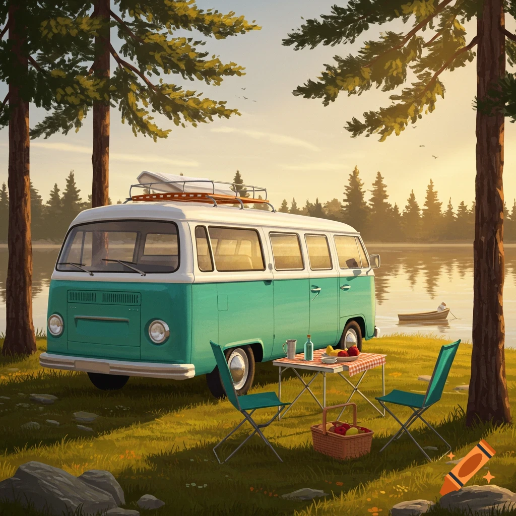 Illustrated teal and white campervan parked by a lake with a picnic setup at sunset, surrounded by pine trees.
