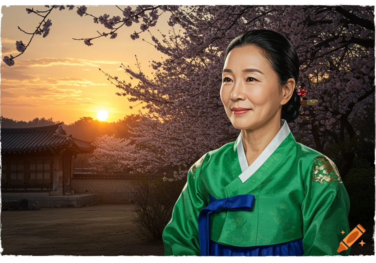A woman in a green hanbok smiles gently, standing before a traditional Korean building and cherry blossoms at sunset.