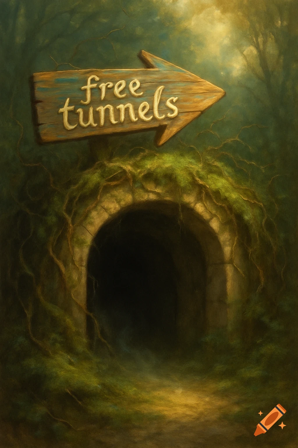 Painterly image of a mossy stone tunnel in a dark forest, with a wooden sign pointing right that reads 'free tunnels'.