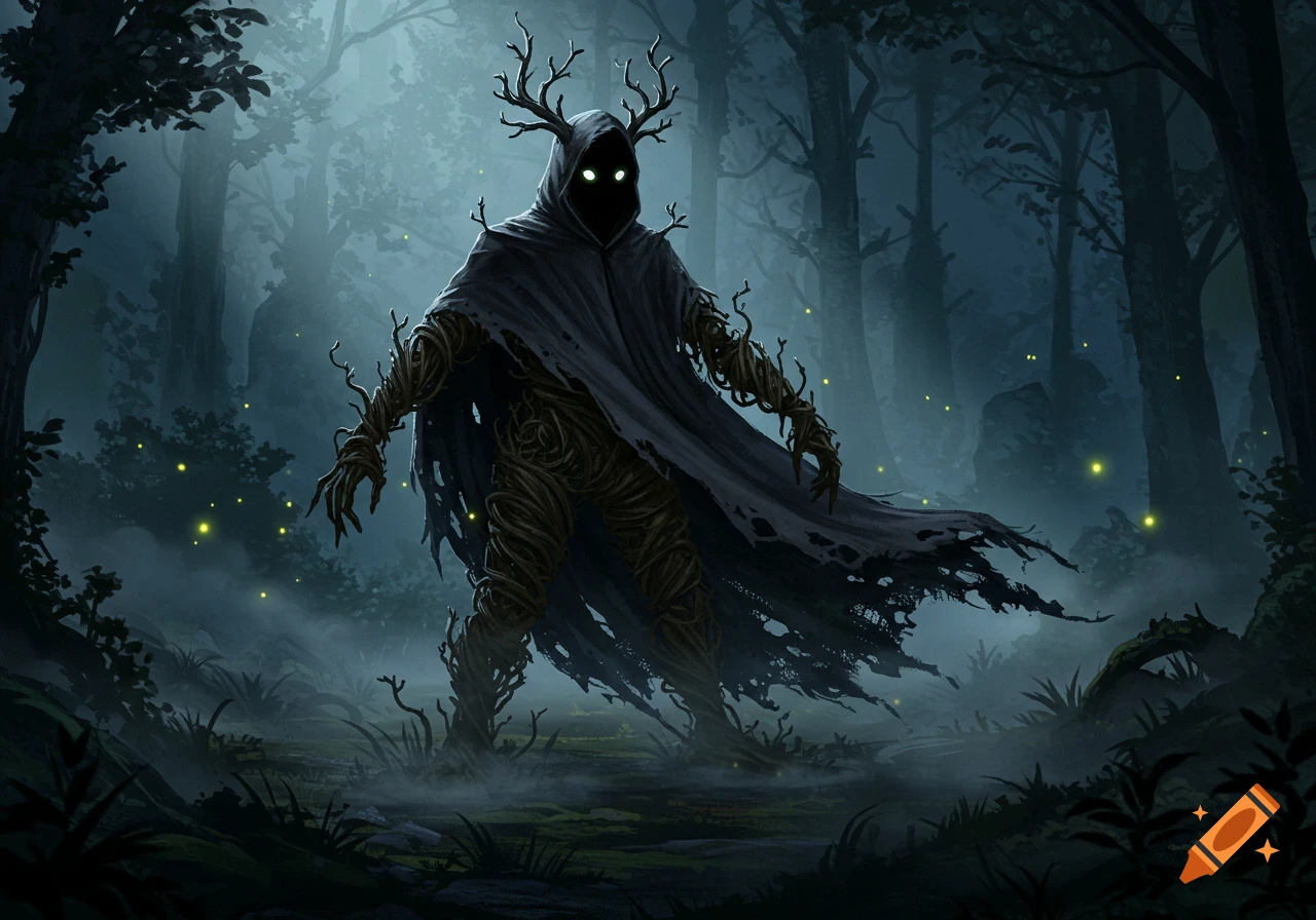A dark, hooded creature with glowing eyes and antlers, made of branches and vines, stands in a misty, enchanted forest.