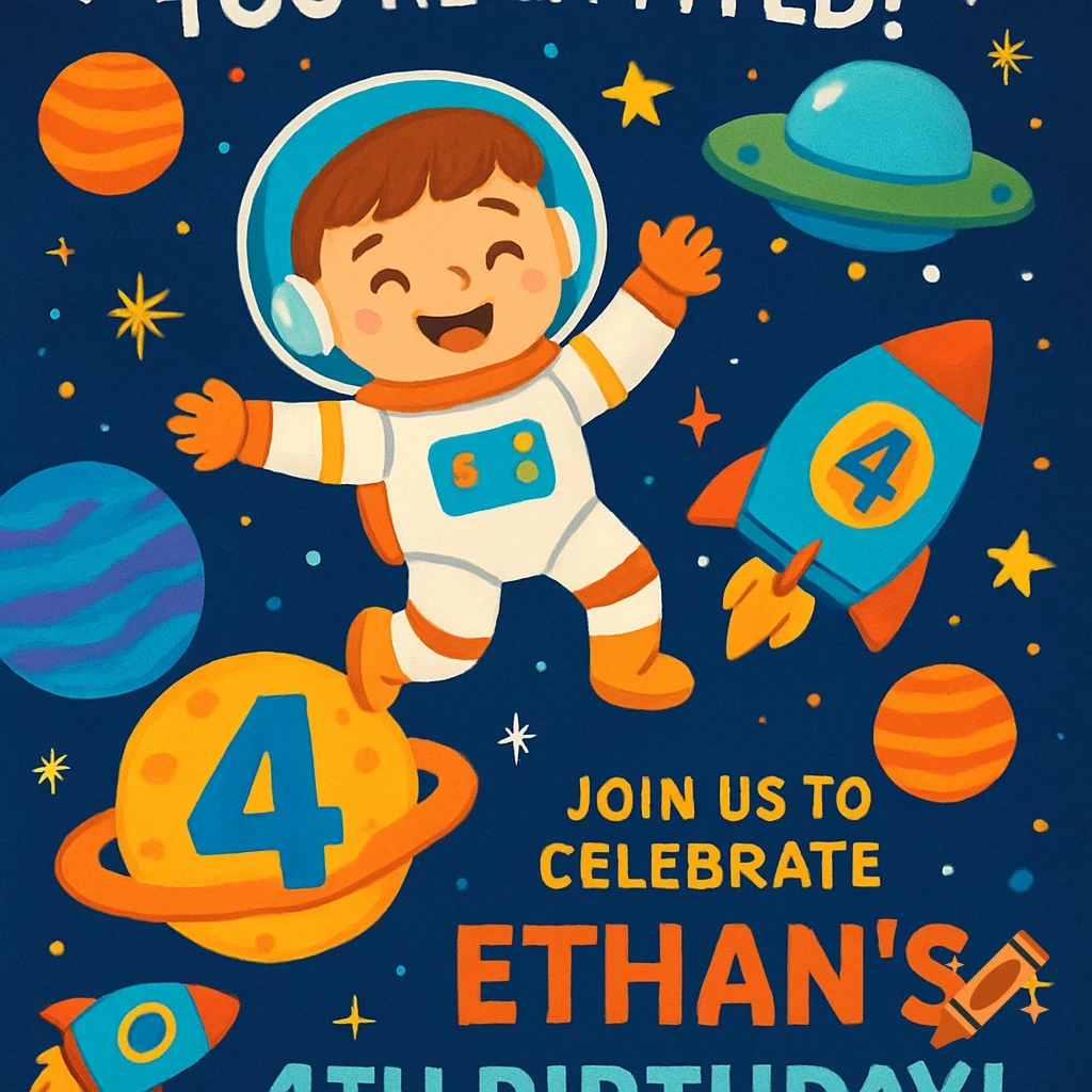 Cartoon birthday invitation: a happy astronaut in space with planets, rockets, and stars. Text: 'You're Invited! Ethan's 4th Birthday!'