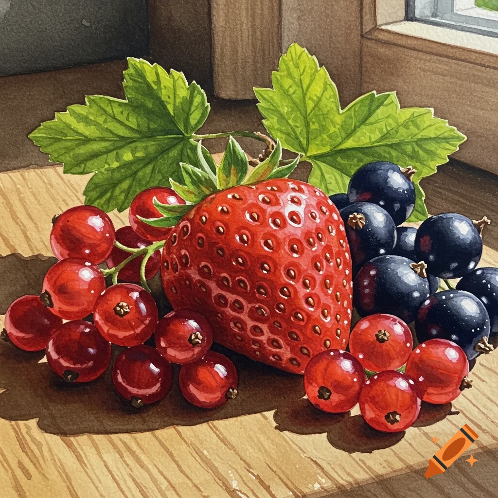 Watercolor still life of a strawberry, red currants, and black currants on a wooden surface by a window.