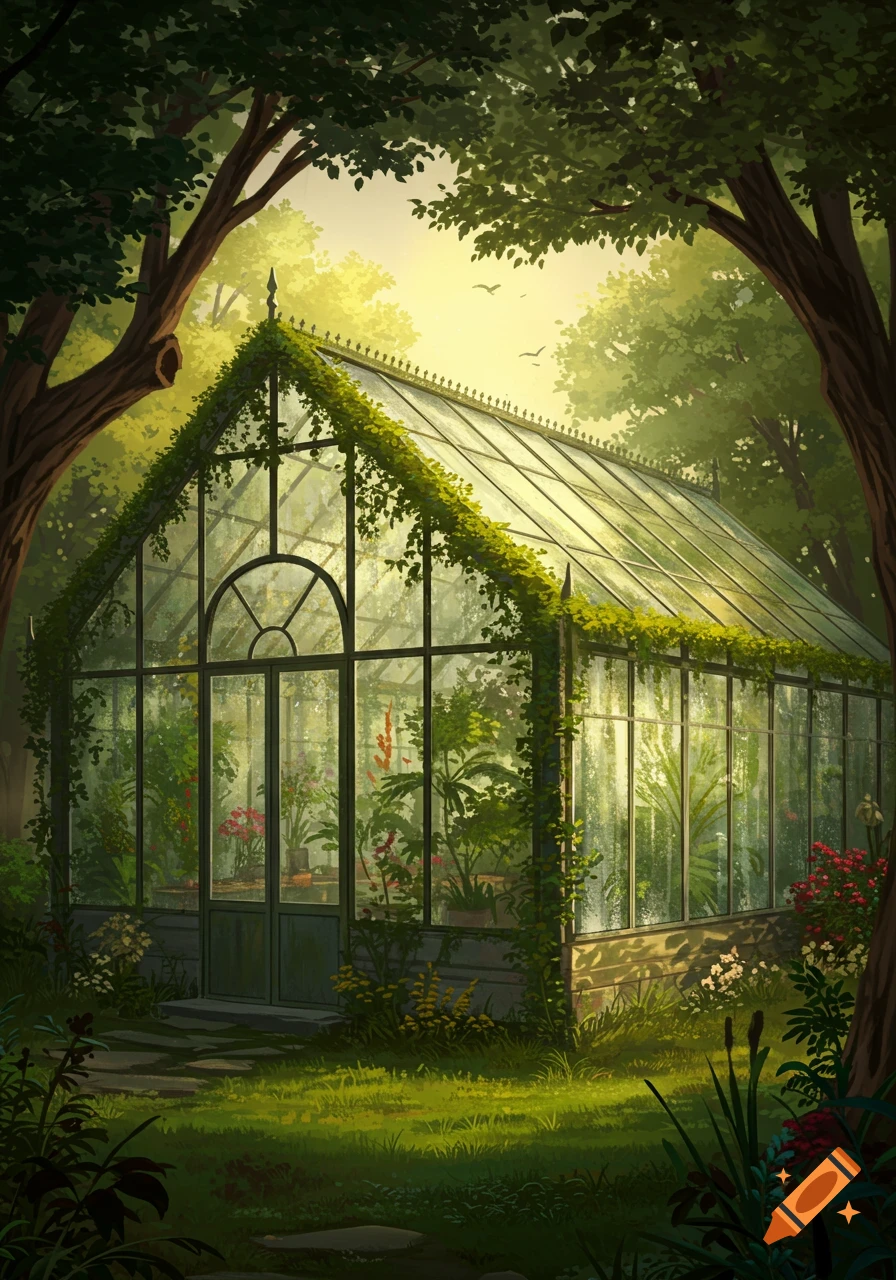 An illustrated image of a sunlit greenhouse covered in vines, nestled among lush green trees.