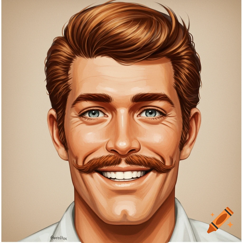A close-up, stylized illustration of a smiling man with red-brown hair, blue eyes, and a handlebar mustache.