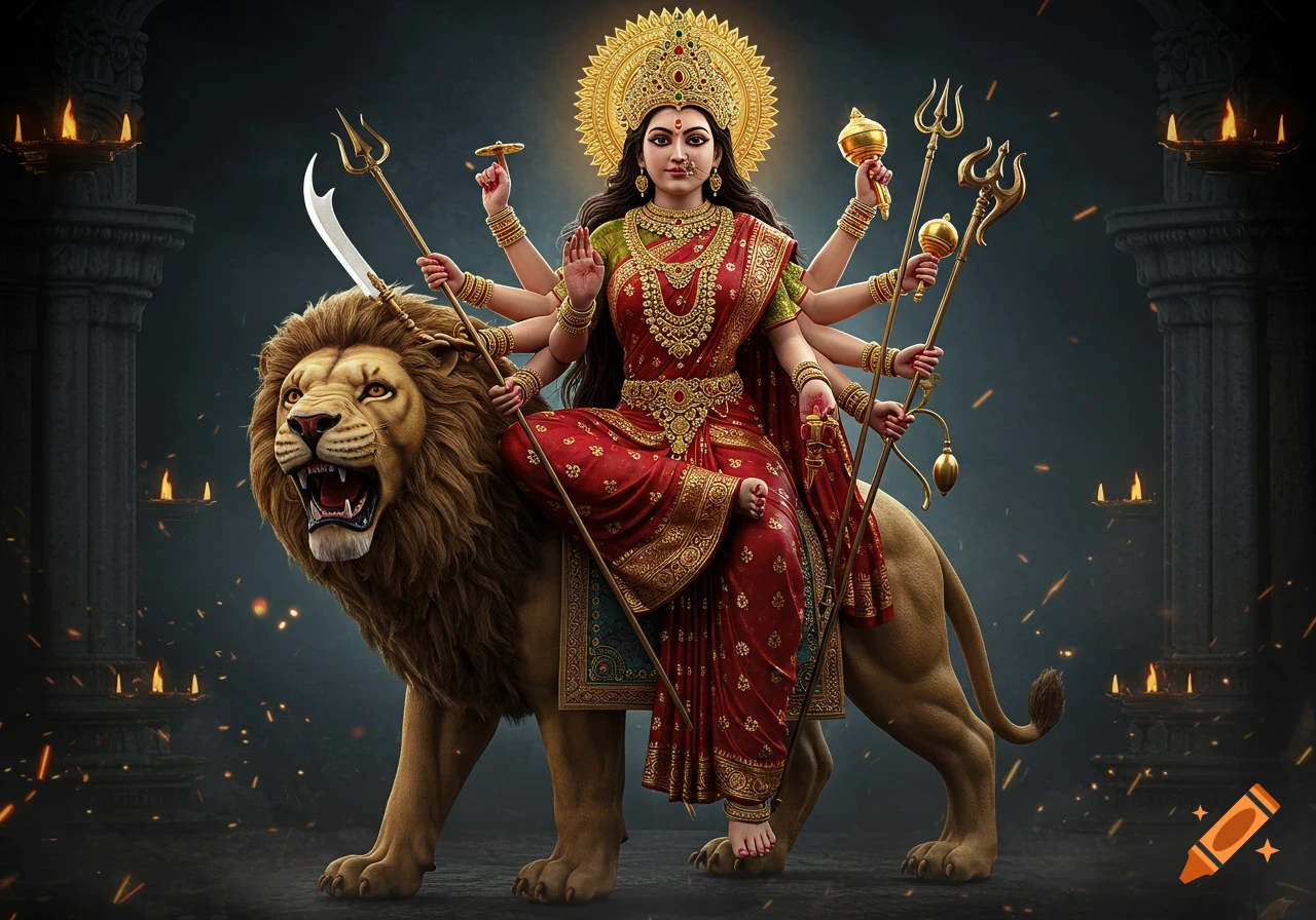 Ultra-realistic depiction of Goddess Durga in a red saree, adorned with jewelry, sitting majestically on a roaring lion, holding weapons.