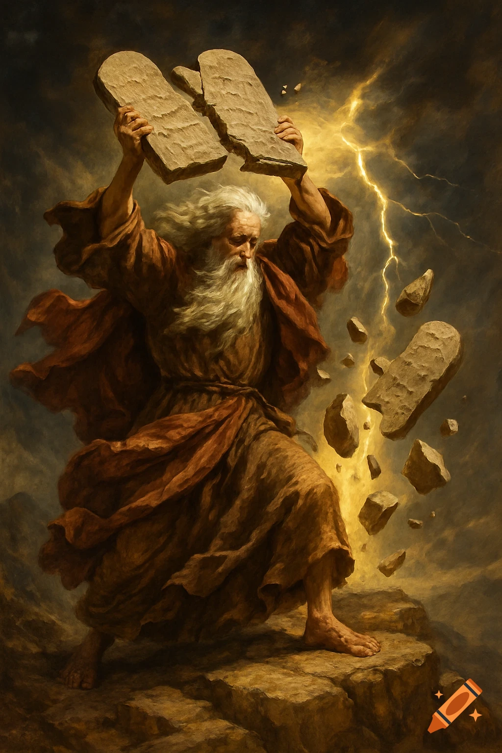 Moses with a long white beard, wearing a robe, dramatically shatters stone tablets as lightning strikes around him in a painterly style.
