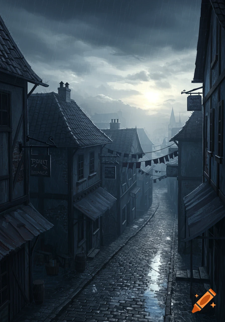 A narrow, wet cobblestone street in a gloomy, rainy old town, with dark buildings and a faint sun in the cloudy sky.