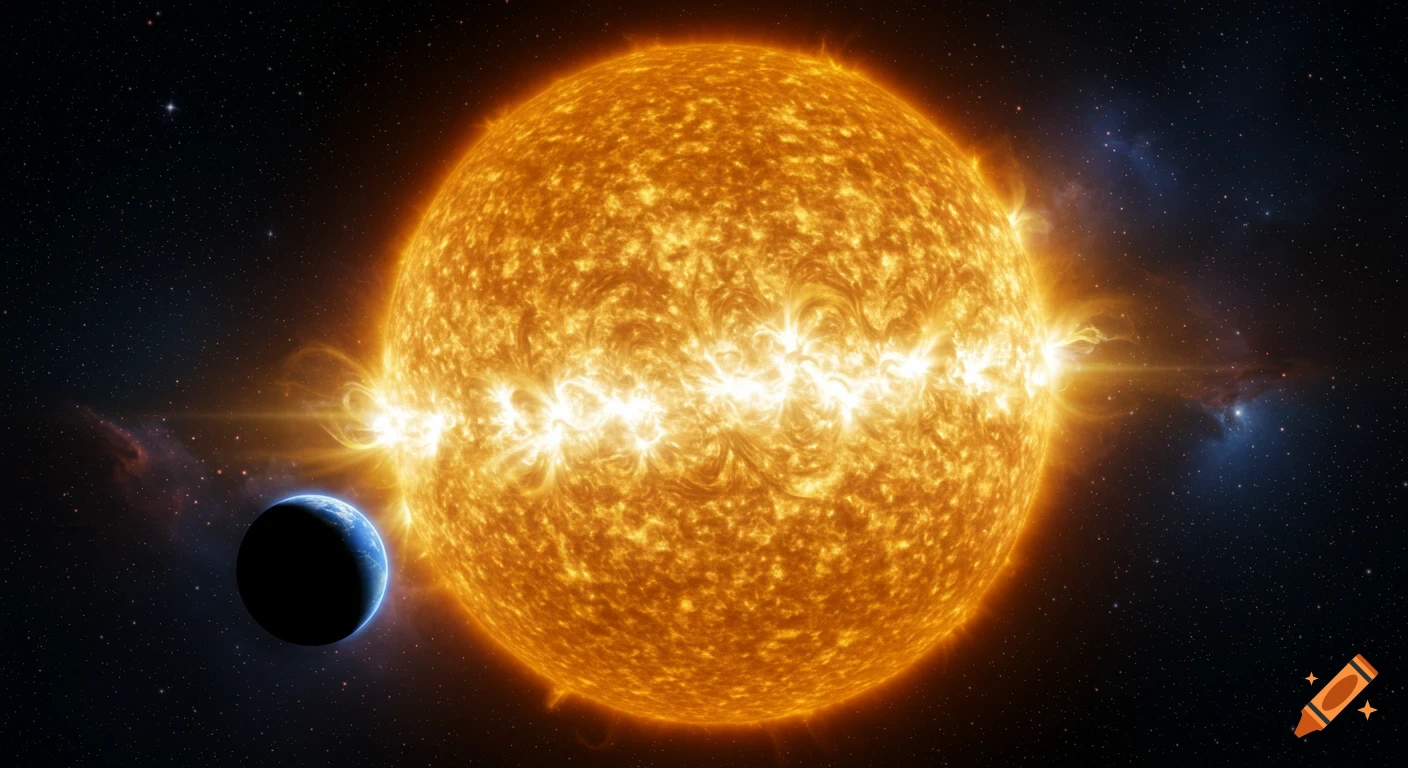 A massive, glowing orange sun with solar flares, next to a small blue Earth, against a dark starry cosmic background.