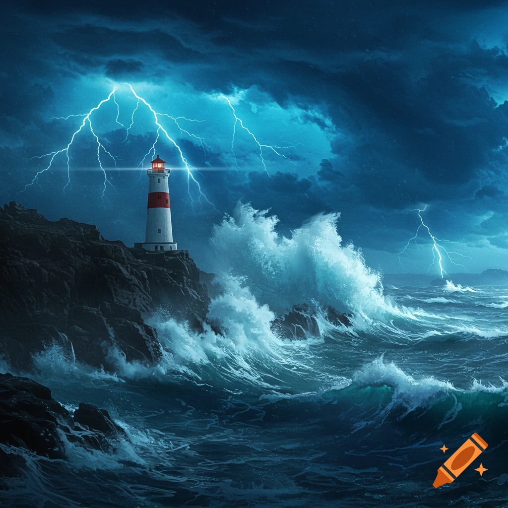 A photorealistic lighthouse on a dark rocky cliff withstands a dramatic storm with crashing waves and bright lightning strikes.