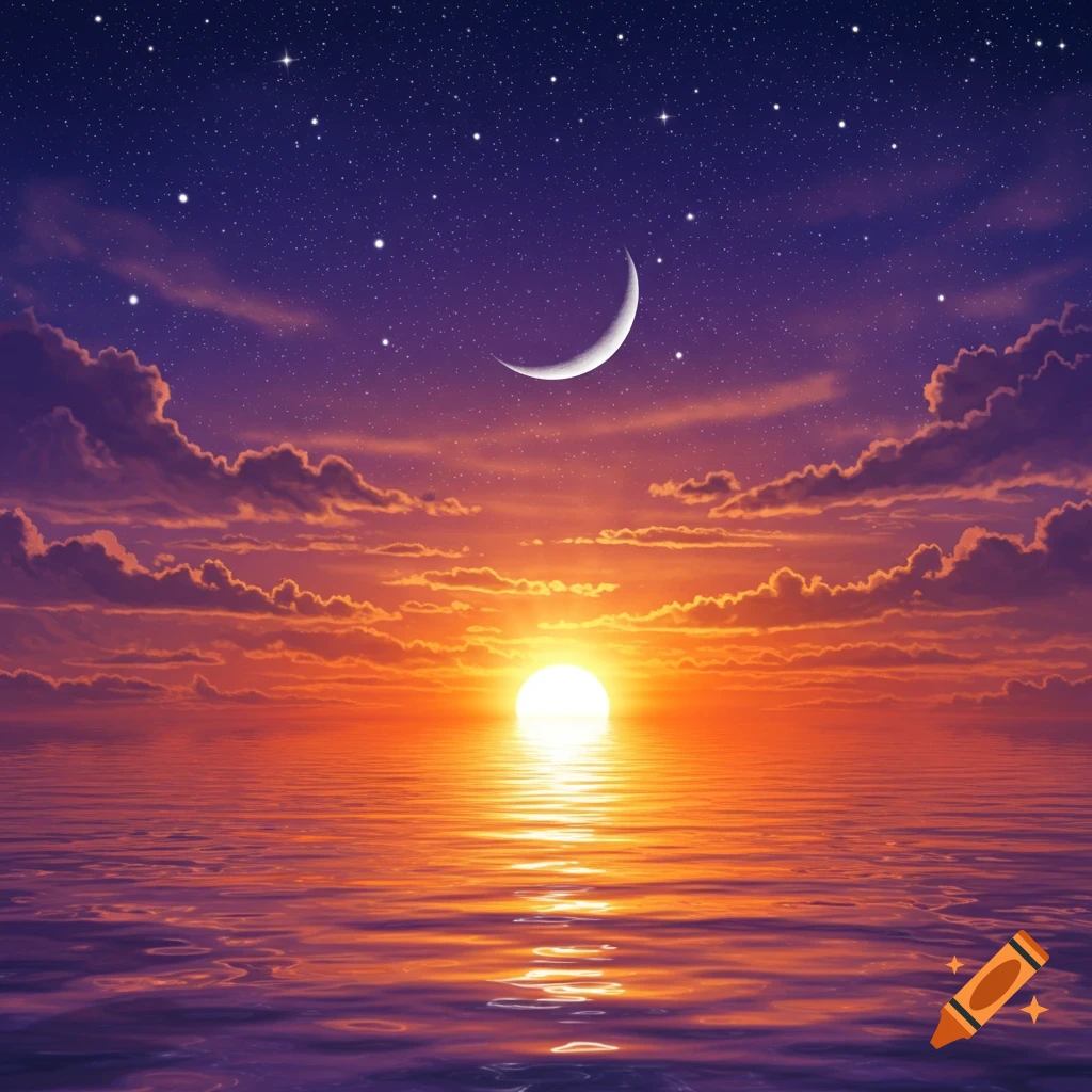 Vibrant sunset over calm water with a bright sun, a crescent moon, and stars in a gradient purple and orange sky.