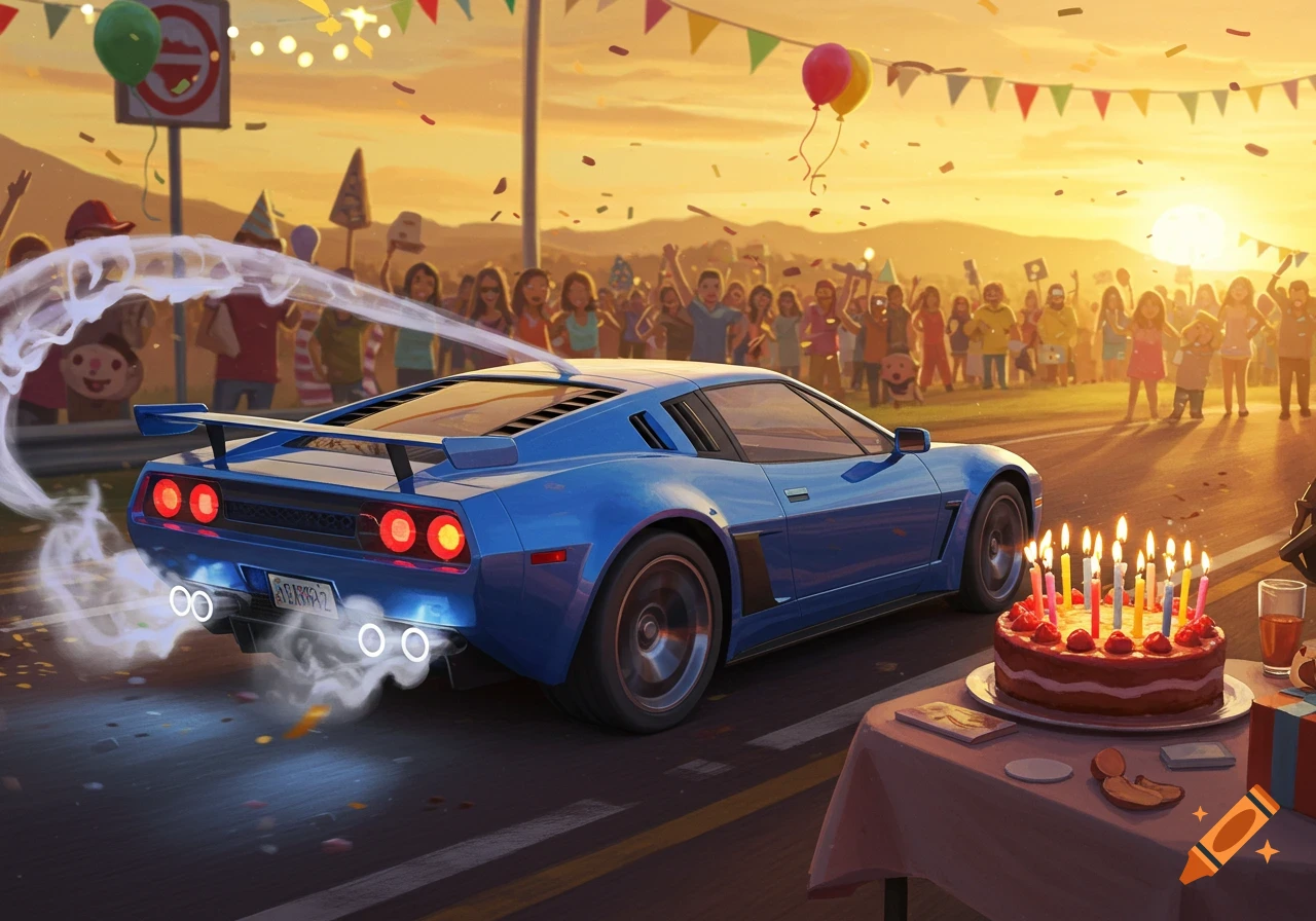 A blue sports car speeds past a cheering crowd at sunset, with its exhaust aimed at a birthday cake on a table. The cake has lit candles.