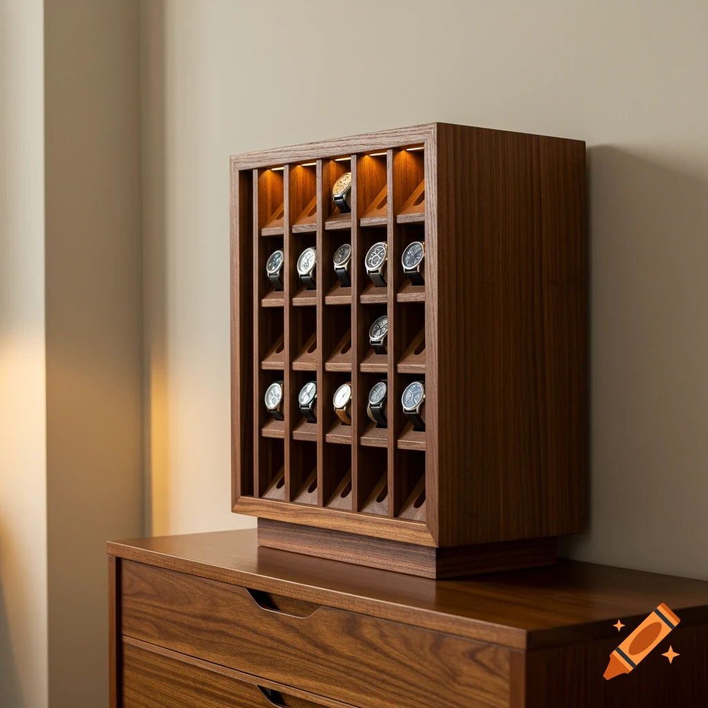 A dark wooden watch display cabinet filled with numerous watches, sitting on a matching wooden dresser.