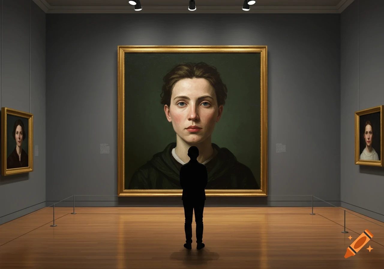 A silhouette of a person views a large, framed realistic oil portrait of a young woman in an art gallery, with two smaller framed portraits on the side.