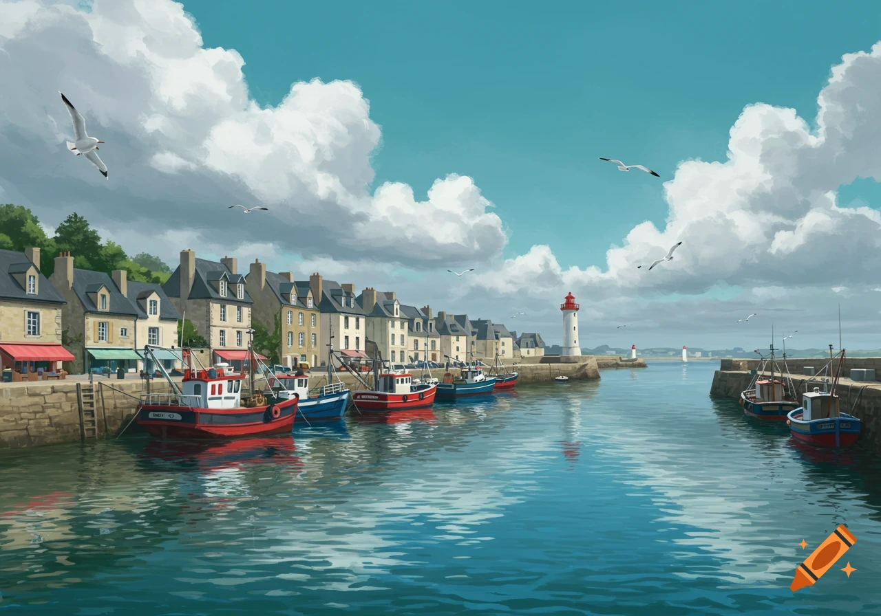 Painterly harbor scene with fishing boats, historic buildings, and a red-and-white lighthouse under a cloudy blue sky.