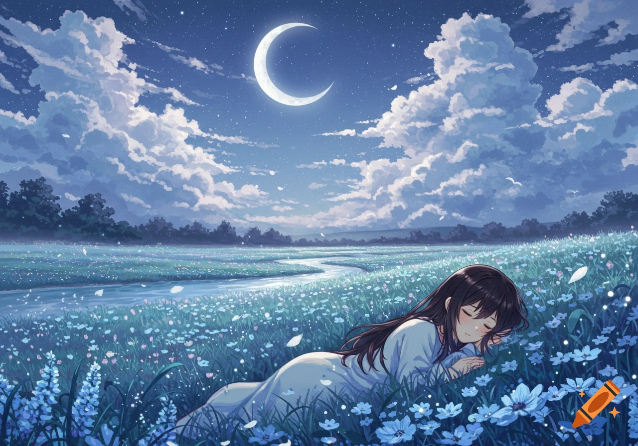 Anime illustration of a girl sleeping in a field of blue flowers under a crescent moon and starry sky, with a river flowing nearby.