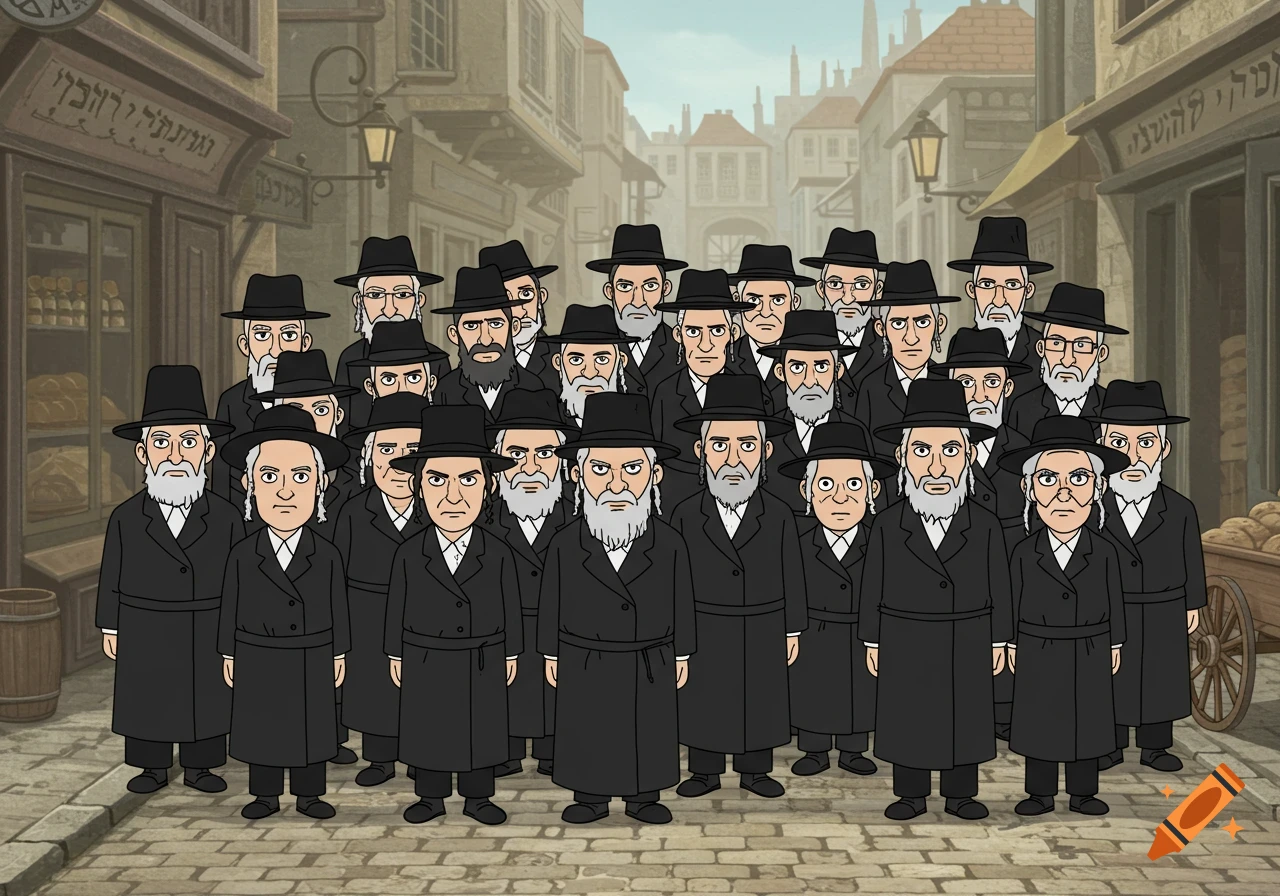 A large group of unsmiling, cartoon Hasidic men with beards and black hats stand on a cobblestone street in an old town.