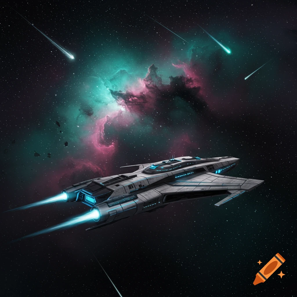 A futuristic spaceship with glowing blue engines flies through a vibrant teal and pink nebula in a star-filled sky with meteors.