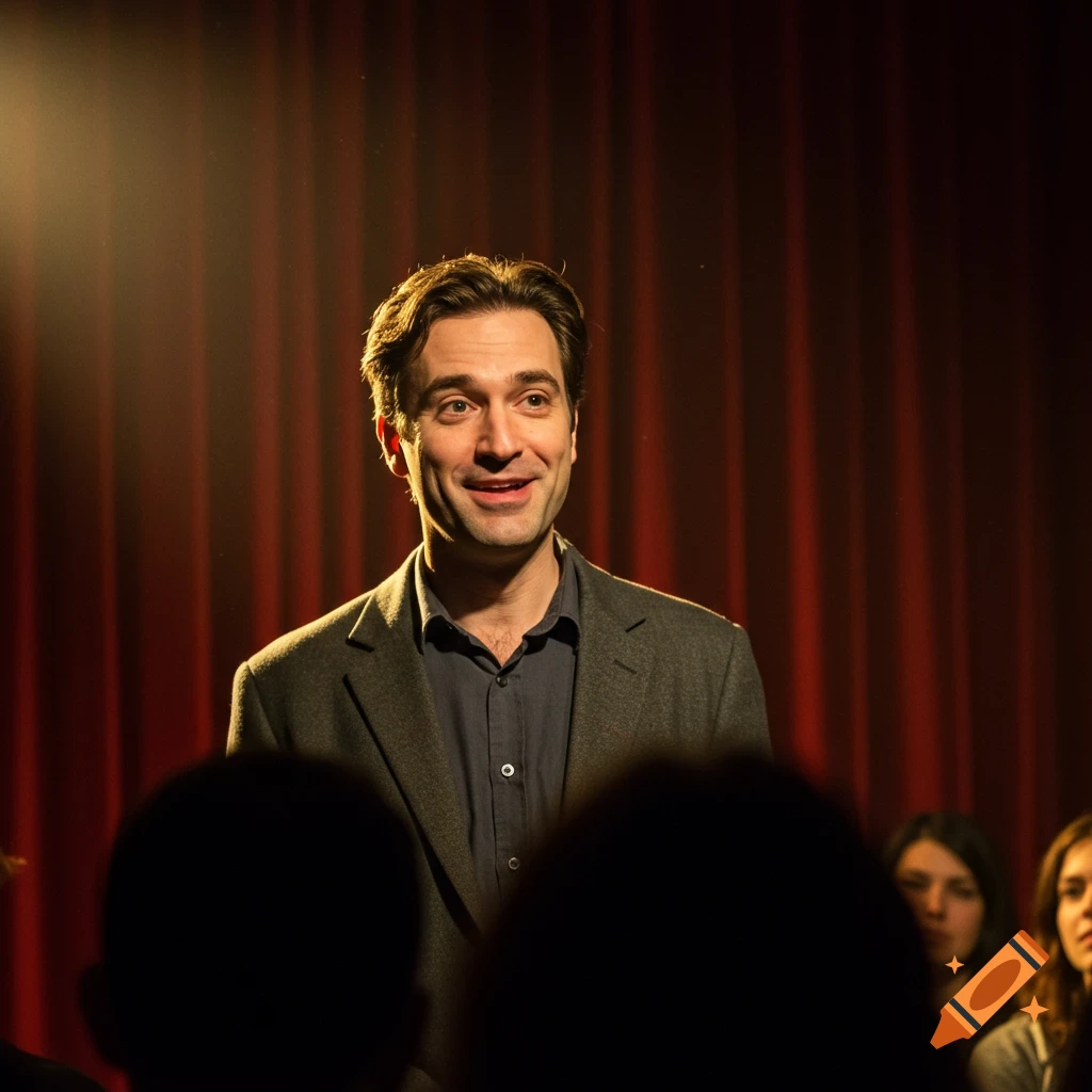 A male theater actor smiles and speaks to a blurred audience on stage, lit by warm light against a red curtain.