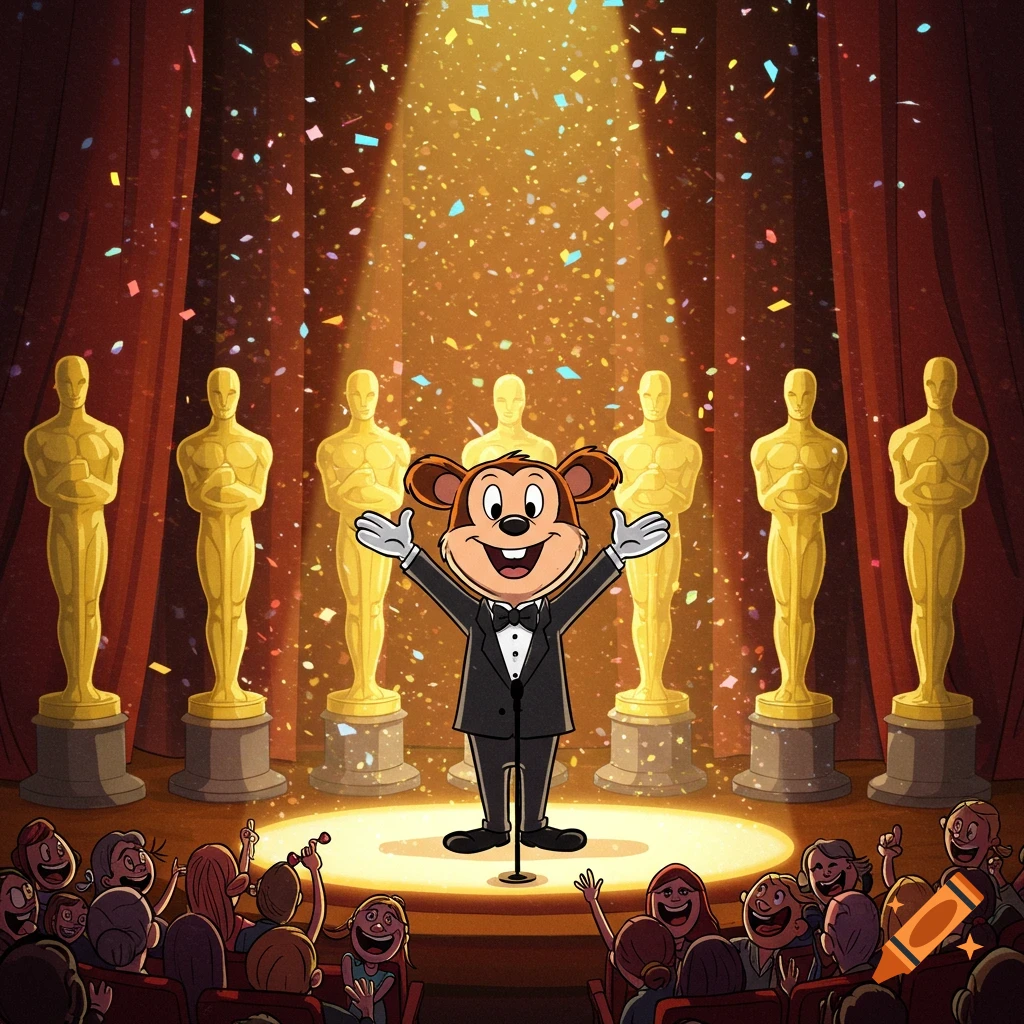 A happy cartoon mouse in a tuxedo hosts an awards ceremony on stage with golden statues, confetti, and an excited audience.
