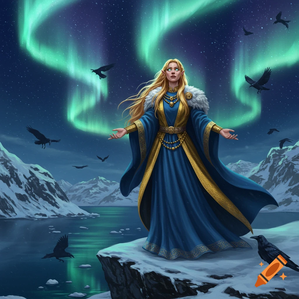 A blonde woman in a blue and gold gown on a snowy cliff under green northern lights, with ravens flying over an icy lake.