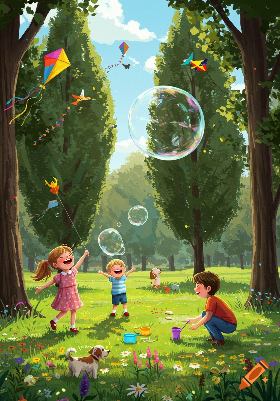 Vibrant cartoon illustration of happy children playing with kites and blowing bubbles in a sunny park with a dog.