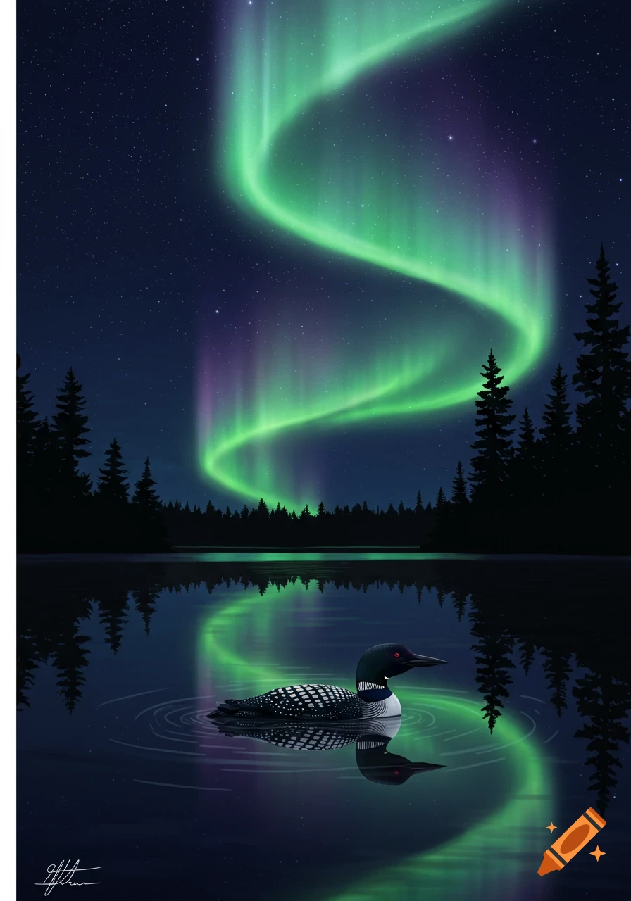 A common loon floats on a dark lake under a vibrant green and purple aurora borealis night sky with silhouetted pine trees.