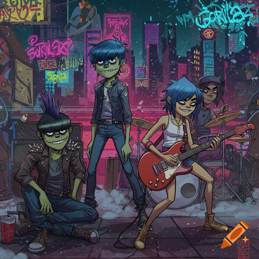 Animated band Gorillaz performs in a neon-lit futuristic city. Four members are visible, with one playing guitar and another on drums.