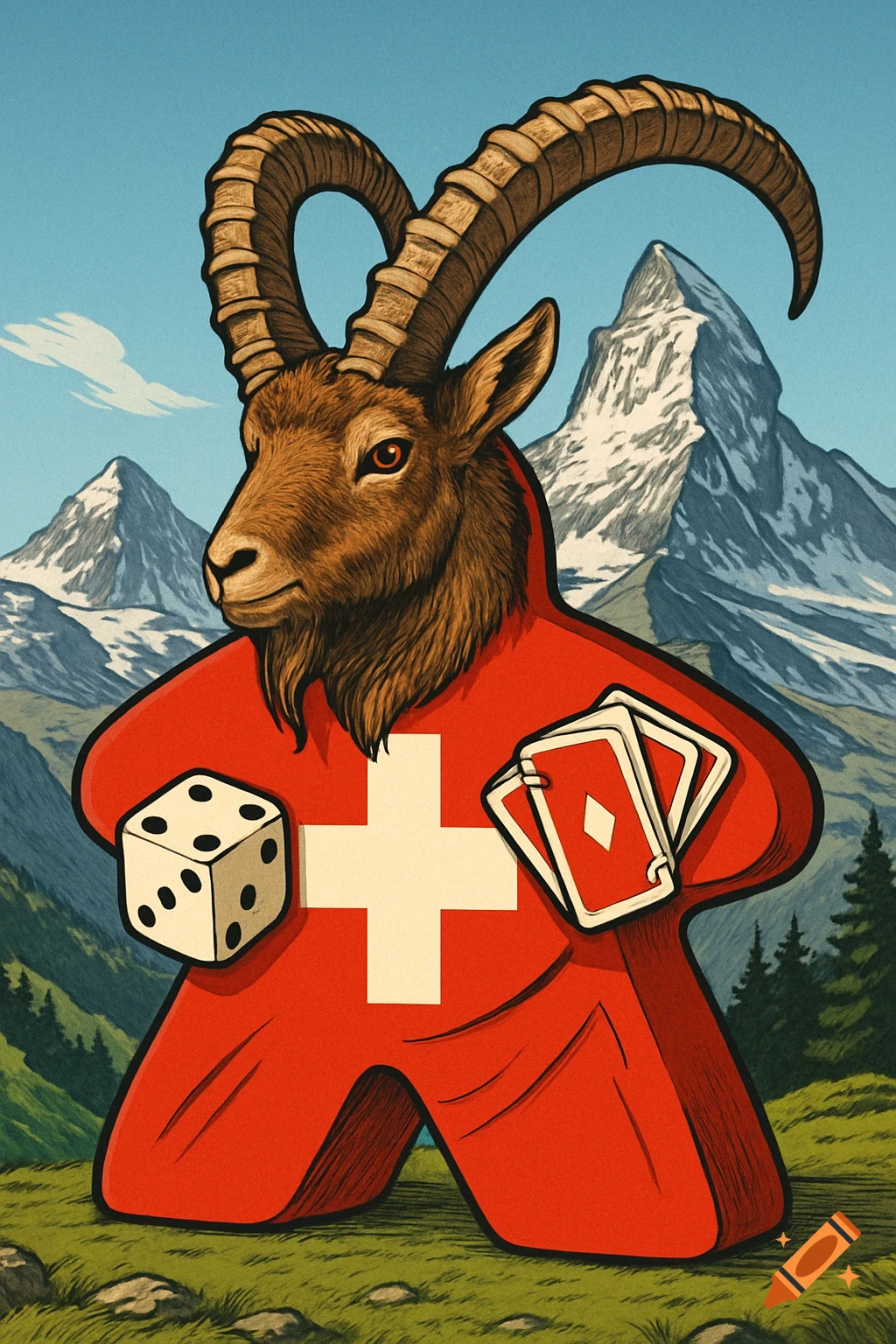 A stylized illustration of a goat head on a red Meeple body with a Swiss flag cross, holding a dice and cards, against a backdrop of the Matterhorn and Alps.