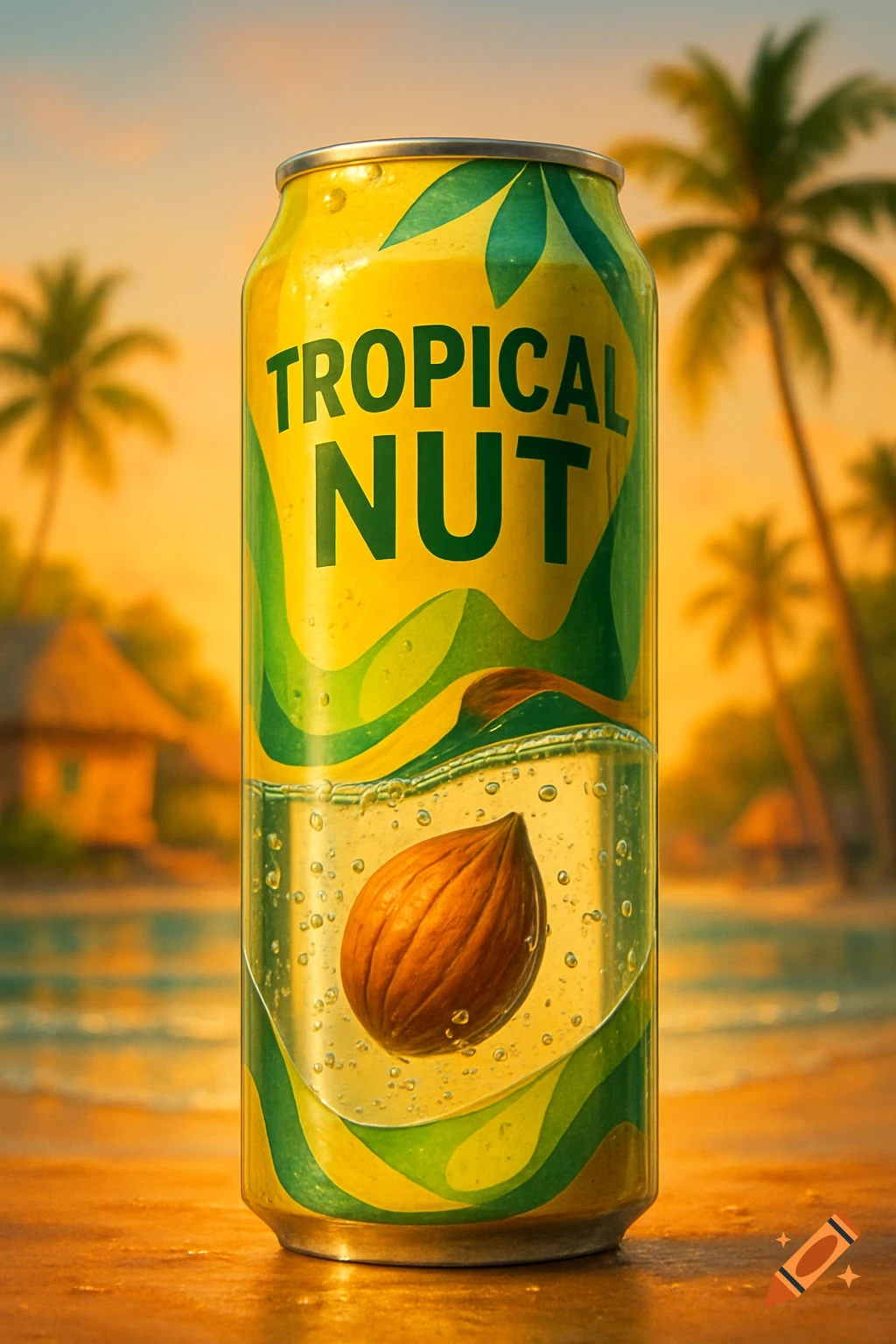 Photorealistic image of a 'Tropical Nut' drink can with a nut inside, on a beach with palm trees at sunset.