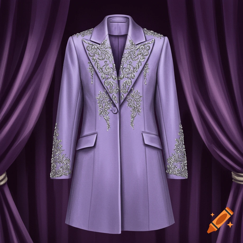 A lilac blazer with ornate silver embellishments on the lapels, shoulders, and cuffs, set against dark purple curtains.