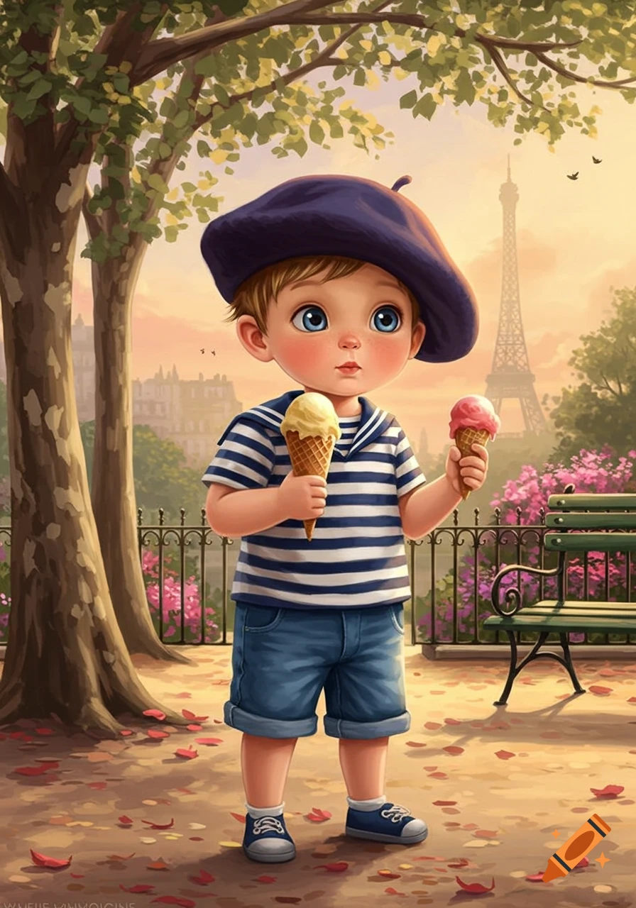 A cartoon boy in a blue beret and striped shirt holds two ice creams in a park with the Eiffel Tower in the background.