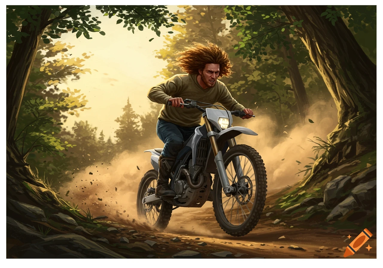 A man with wild curly hair aggressively rides a dirt bike down a dusty forest trail, digital art.