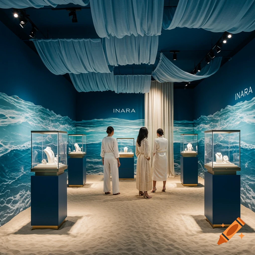 Photorealistic image of a luxury jewelry pop-up store with an ocean and beach theme, featuring blue walls, sand floor, and women admiring jewelry.