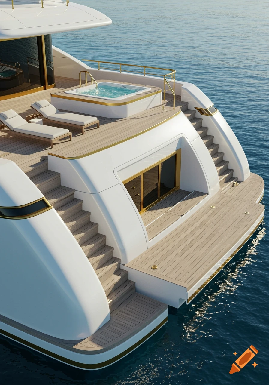Aerial view of a white and gold luxury yacht's stern with a hot tub, sun loungers, and wooden decks on a blue ocean.
