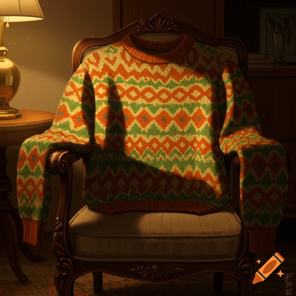 A woolen sweater with orange, green, and cream geometric patterns drapes over an ornate armchair in a dimly lit room.