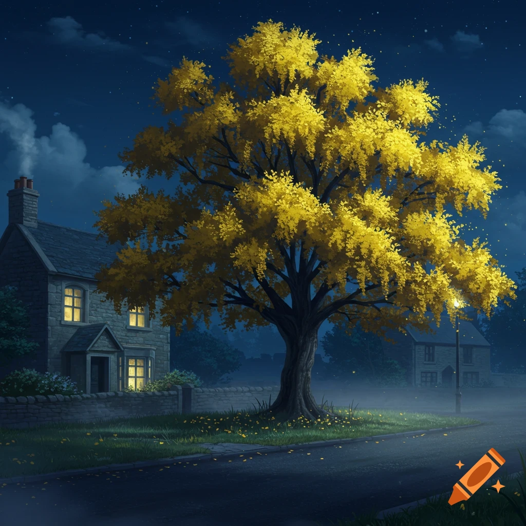 A large laburnum tree with glowing yellow leaves stands by a stone house with lit windows on a misty street at night under a starry sky.