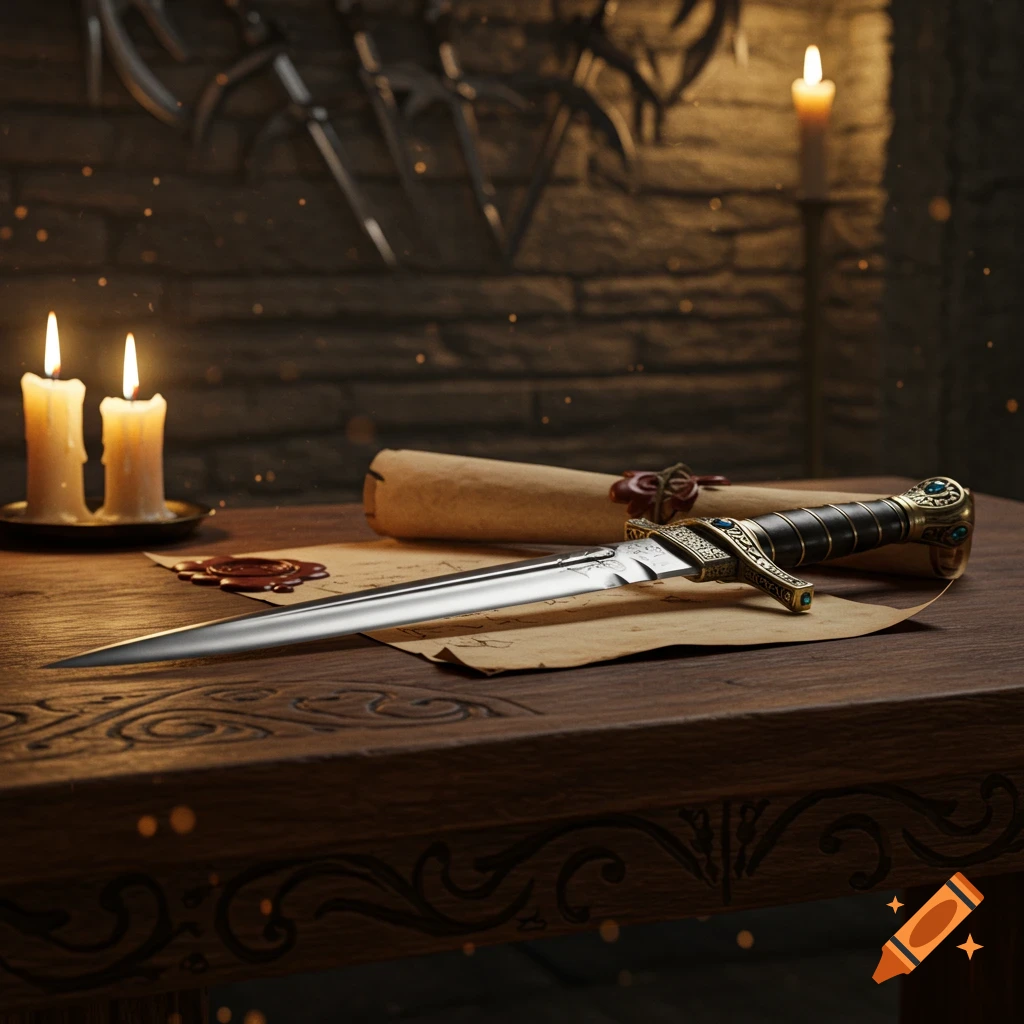 An ornate dagger lies on a wooden table next to lit candles, wax seals, and parchment scrolls in a dimly lit, stone-walled room.