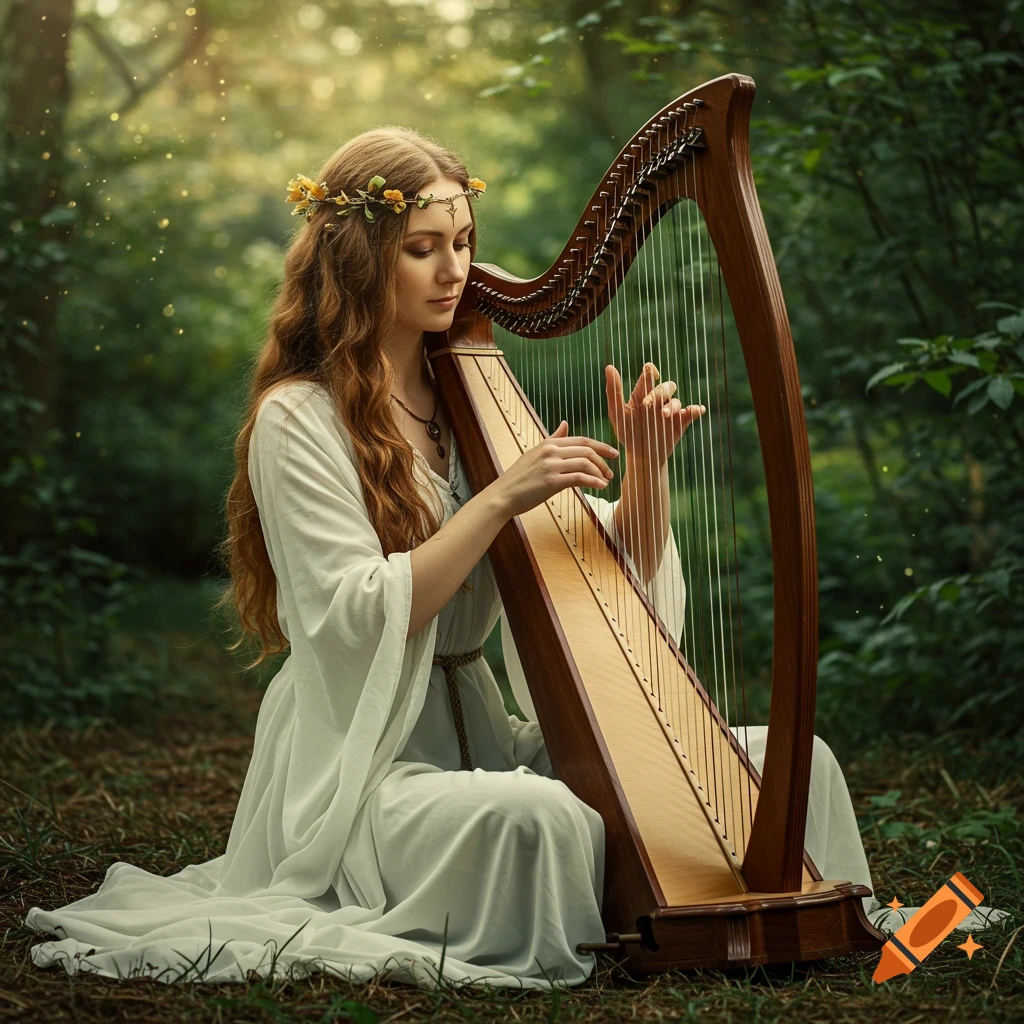 A serene woman with long wavy hair and a flower wreath plays a Celtic harp in an enchanted forest.