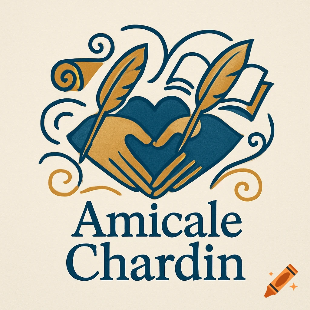 Logo featuring two hands forming a heart, holding quills, with a scroll and open book in the background, text 'Amicale Chardin'.