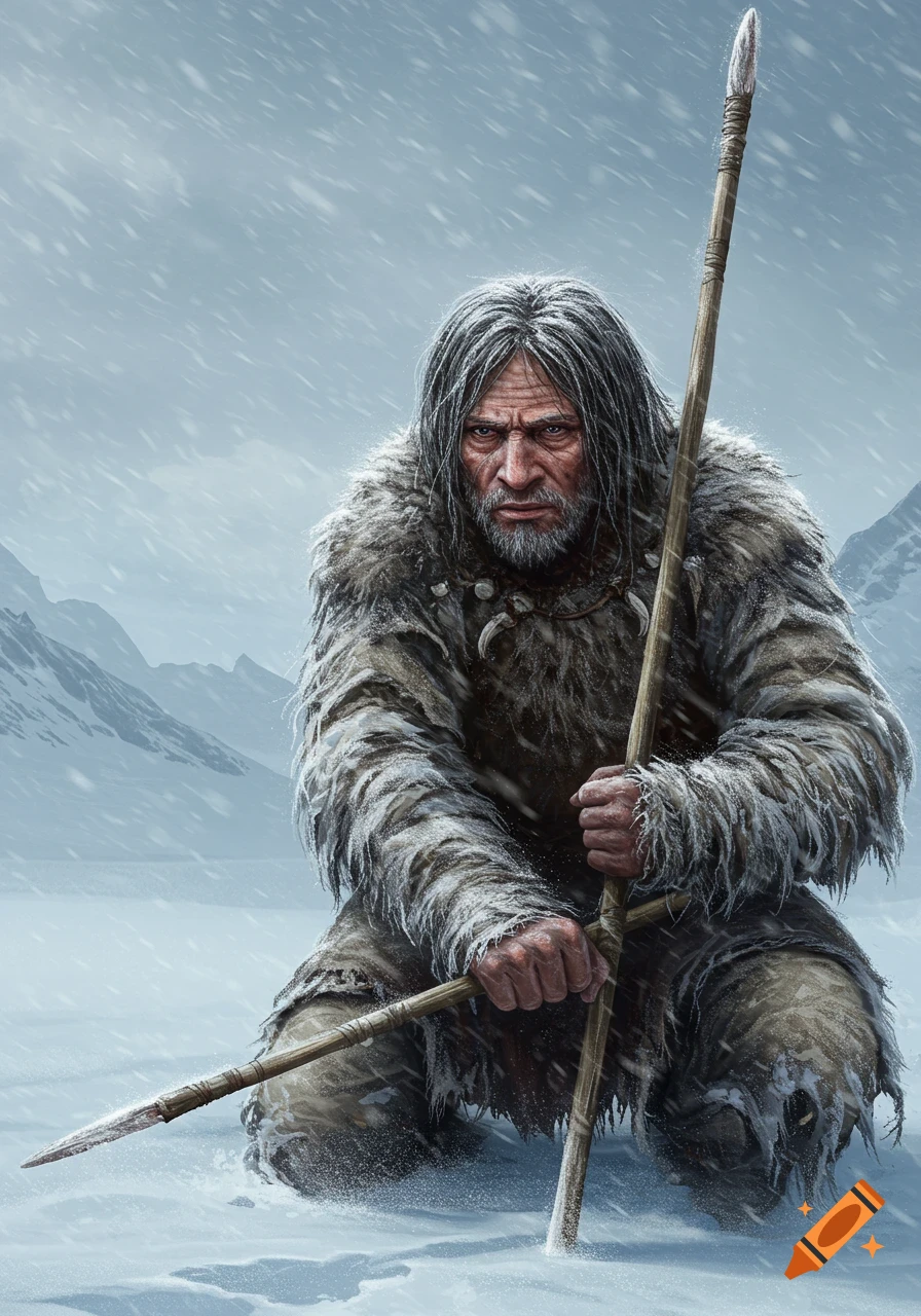 A stern Ice Age man with long hair and a beard, clad in fur, kneels in falling snow, holding a spear in a vast, snowy mountain landscape. Photorealistic style.