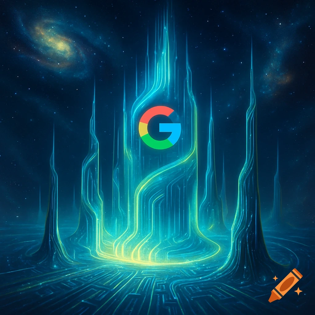 Glowing Google 'G' logo in a futuristic digital cityscape with circuits under a starry sky.