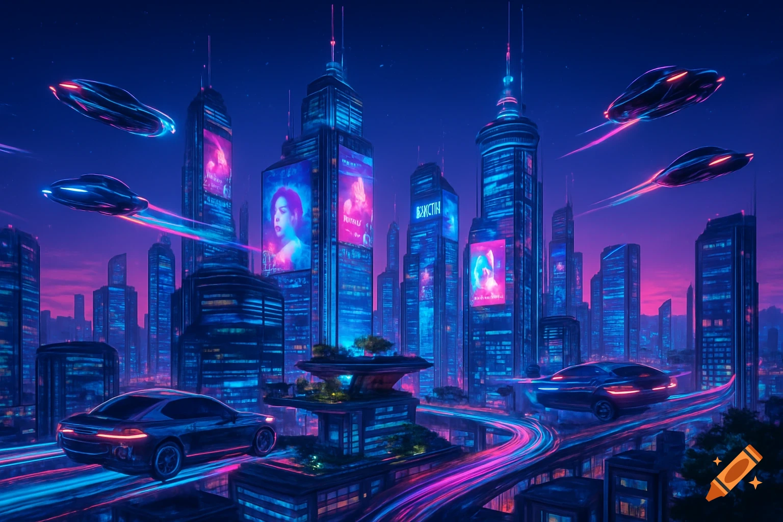 A neon-lit futuristic city with towering skyscrapers, glowing holographic billboards, and flying cars leaving light trails under a gradient purple-blue sky.