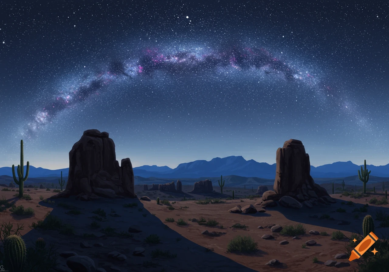 An illustrated night desert landscape with the Milky Way arching over large rock formations, cacti, and distant mountains.