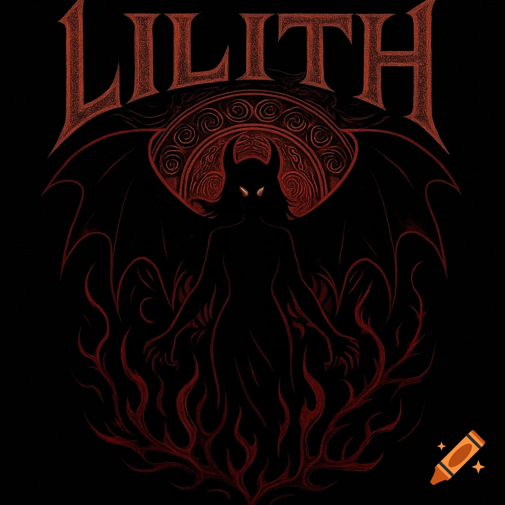 Stylized gothic band logo featuring a silhouetted winged demon with glowing eyes and horns, encircled by a runic halo and flames, with 'LILITH' in bold text above.