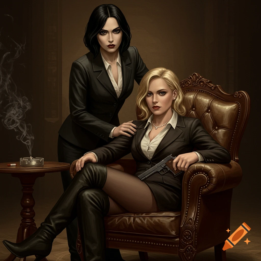 Two women in dark suits, one blonde seated with a gun, another dark-haired standing behind her, in a realistic art style.