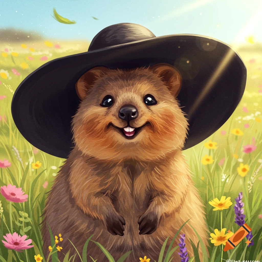 A cute quokka wearing a wide-brimmed black hat, smiling happily in a vibrant field of colorful wildflowers under a sunny sky.