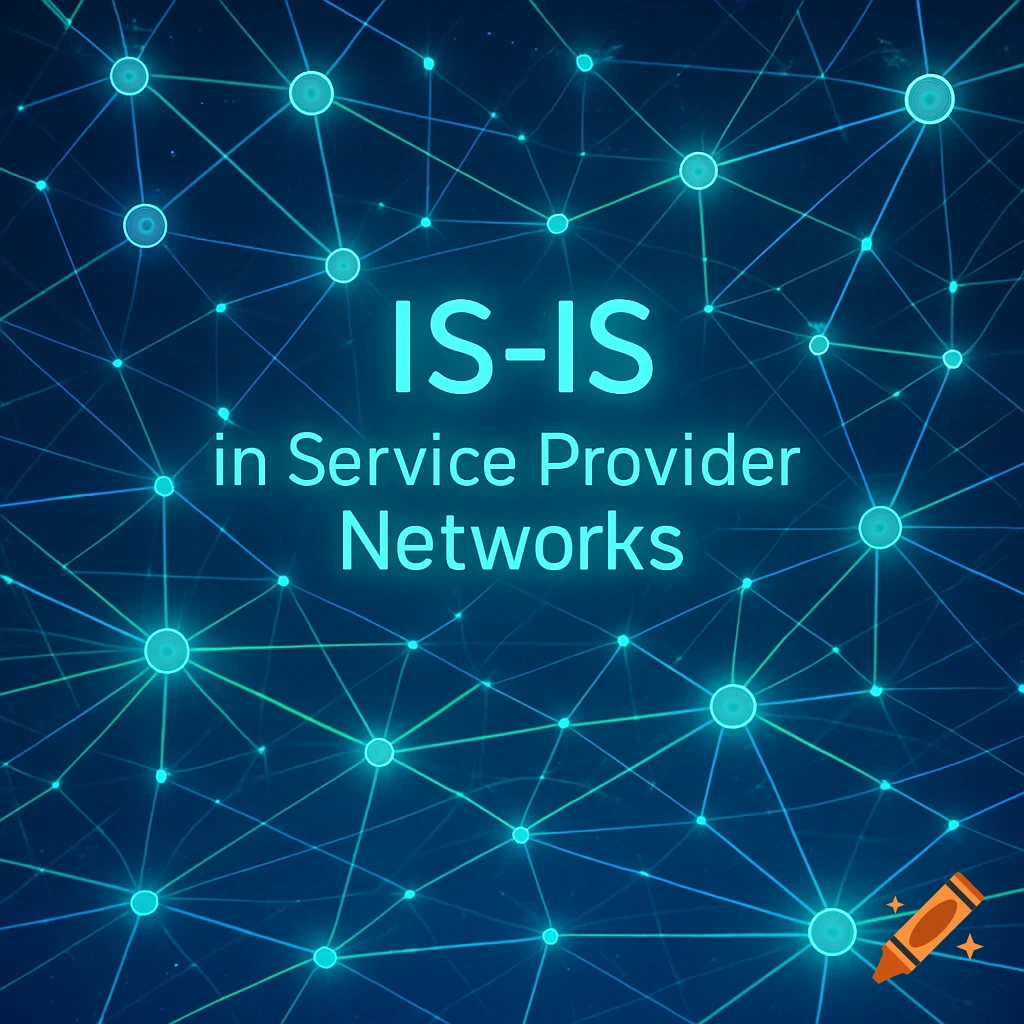 Abstract network diagram with glowing nodes and connections, featuring the text 'IS-IS in Service Provider Networks'.