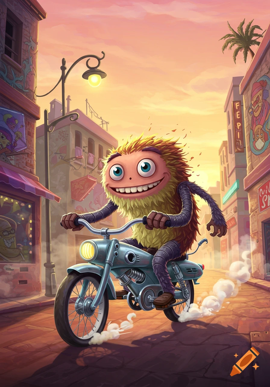 A fluffy, yellow-haired monster with big eyes and a wide smile rides a vintage blue motorcycle down a city street at sunset, cartoon style.