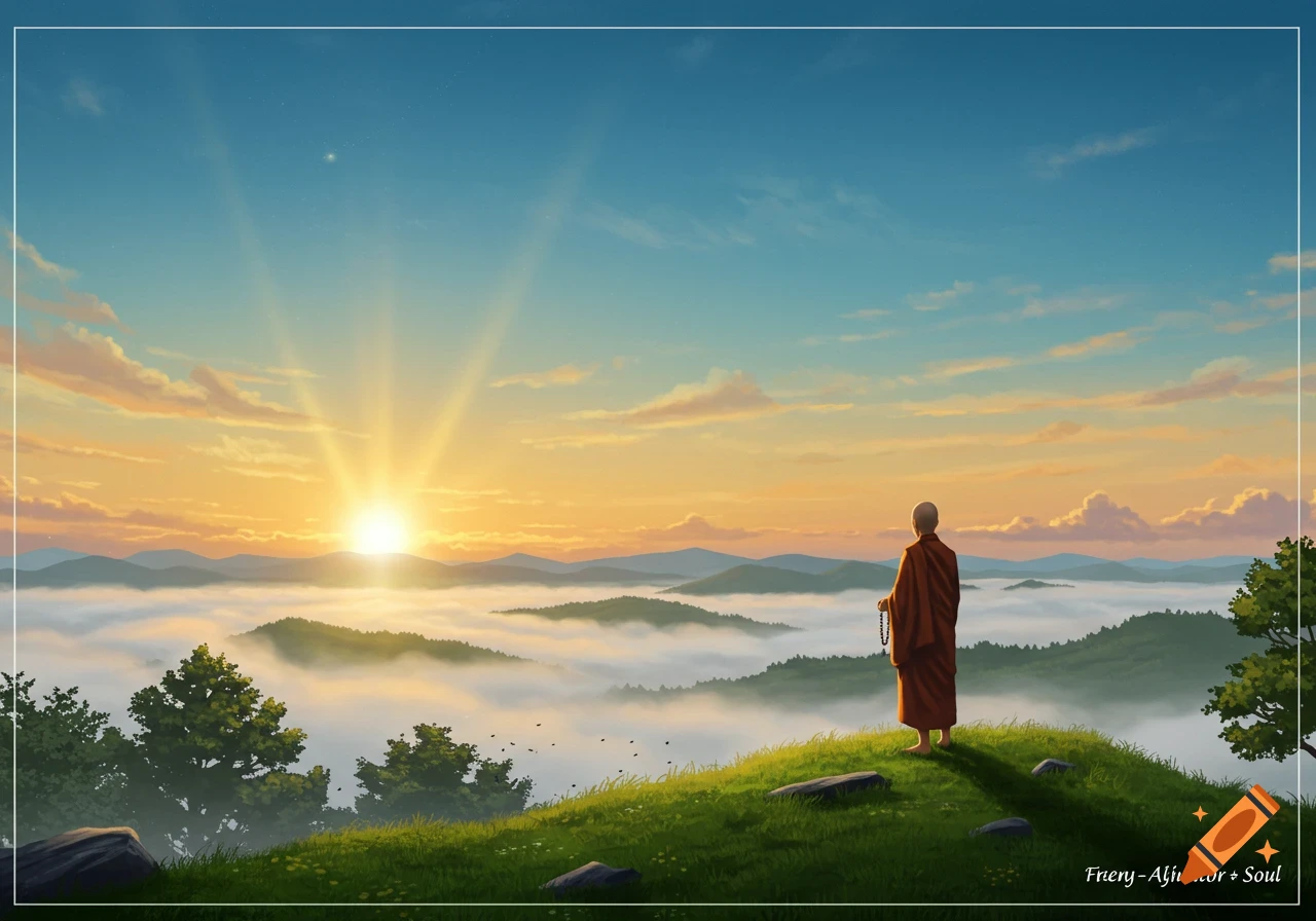 A monk stands on a grassy hilltop overlooking a foggy valley and mountains at sunrise, under a vibrant orange and blue sky, in a digital painting.