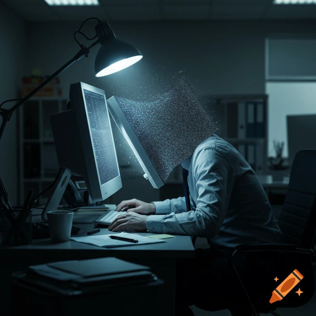 A man with a static computer monitor for a head works at a desk in a dark office, lit by a lamp, in a surreal style.
